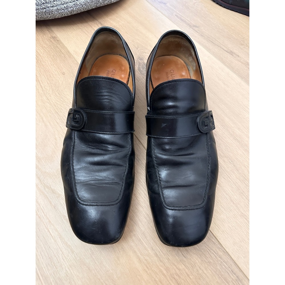 Gucci Mens Black Leather Interlocking GG Logo Loafers Shoes Size 41 Italy
